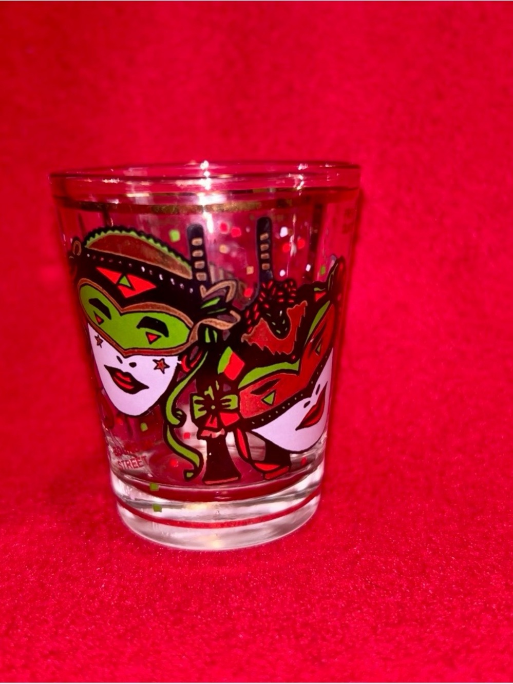 Decorative Mardi Gras Mask Shot Glass - Red & Green